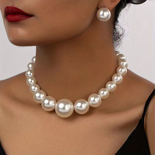 Women's Trendy Large Pearl Necklace Earrings Jewelry Set